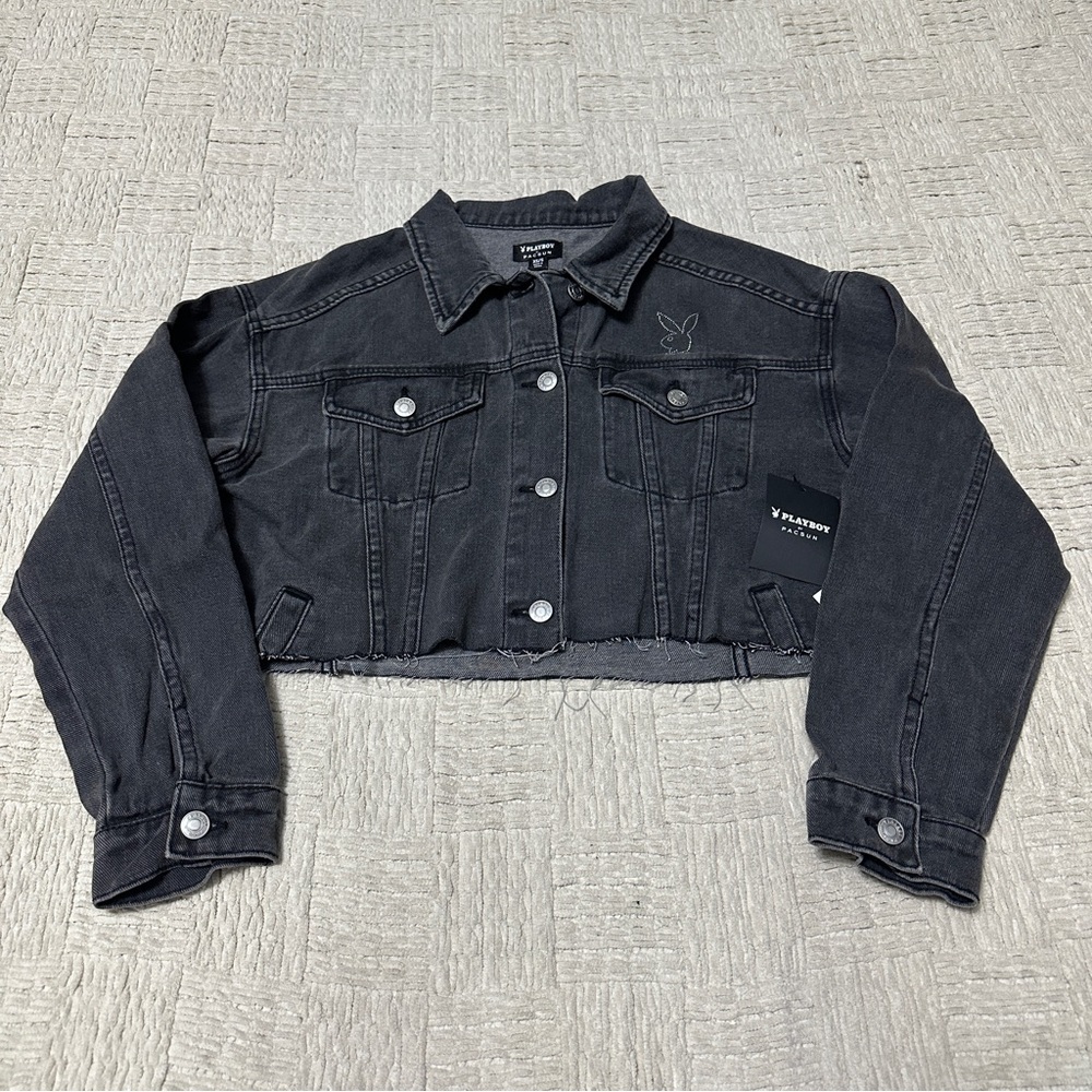 Playboy Pacsun Rhinestone Bling Cropped Black Denim Jacket NWT Logo - Picture 3 of 12